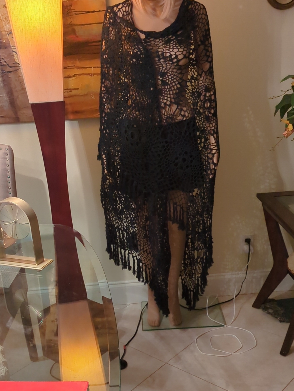 Vintage hand made Black Crochet Wrap.
